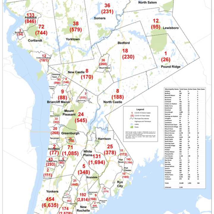 The COVID-19 map in Westchester, by municipality, as of Friday, May 15.