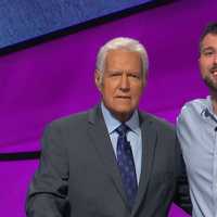 <p>Matt Napolitano with late Jeopardy! host Alex Trebek in 2020.</p>