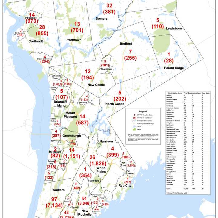 The latest novel coronavirus (COVID-19) map in Westchester.