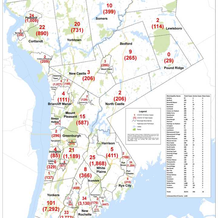 A breakdown of COVID-19 cases in Westchester as of Friday, July 24.