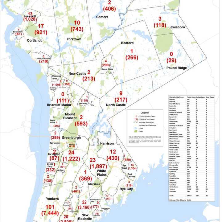 The breakdown of cases in Westchester County on Monday, Aug. 10.