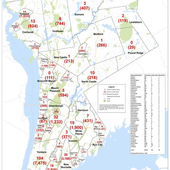 The Westchester County COVID-19 map on Thursday, Aug. 13.