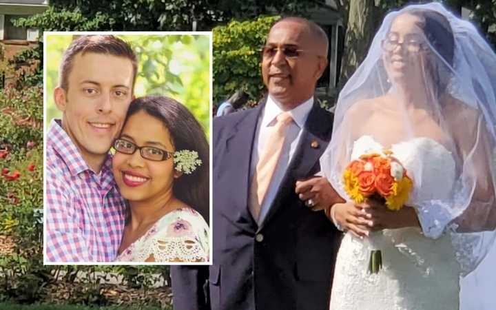 Narolin Cepeda (walked down the aisle by her dad) and Justin Coleman (inset).