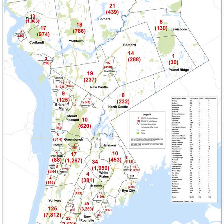 The COVID-19 map in Westchester as of Monday, Sept. 14.