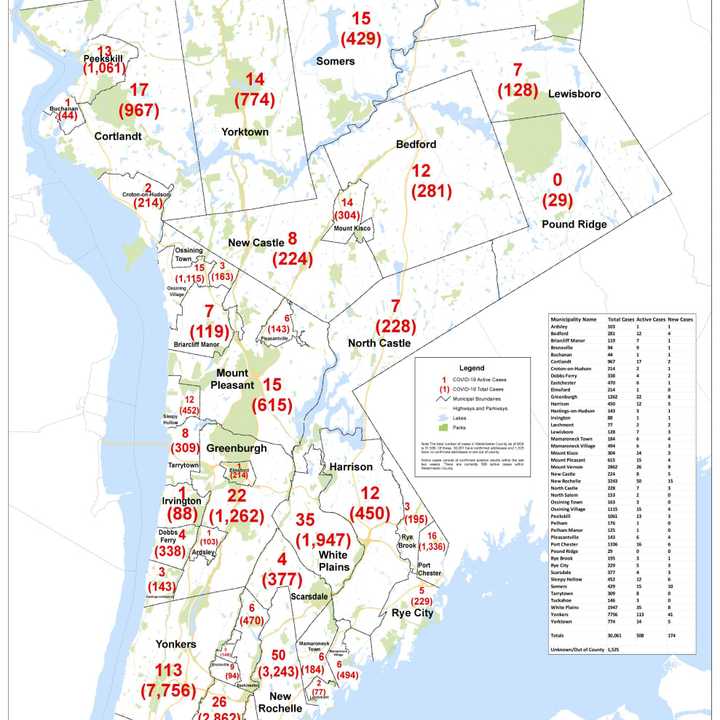 The Westchester County COVID-19 map as of Tuesday, Sept. 8.