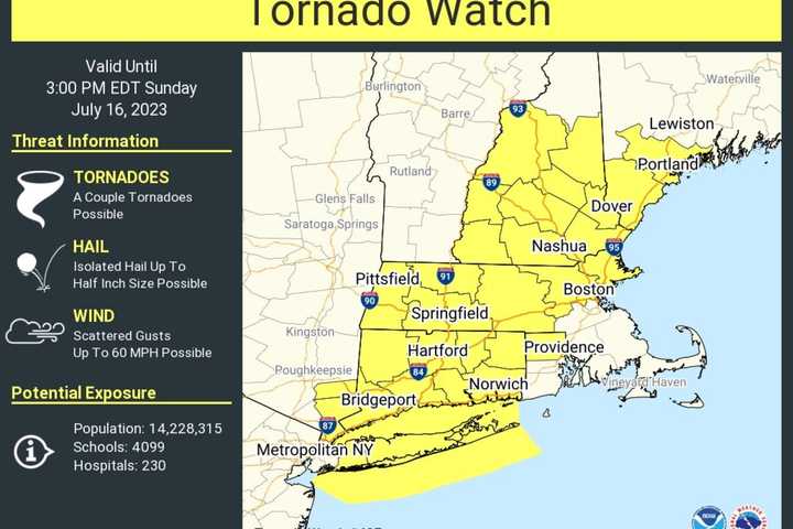 Tornado Watch Issued For Hampden County, With 60 MPH Wind Gusts, Hail Also Possible