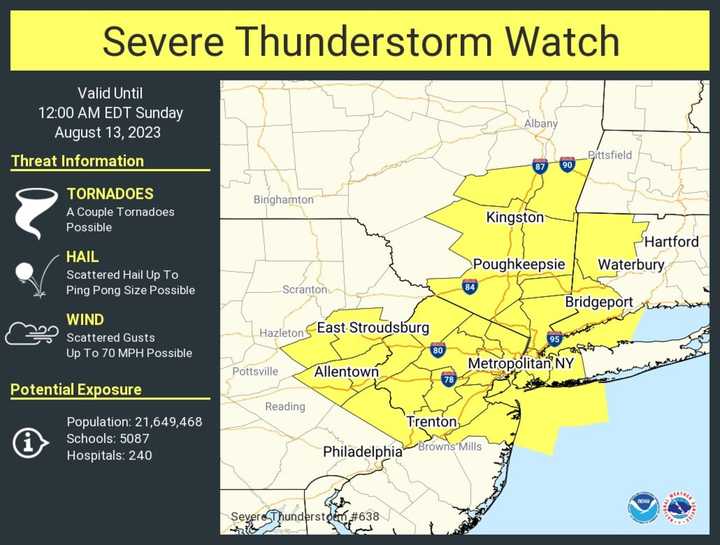 A Severe Thunderstorm Watch is now in effect for the counties in yellow until midnight Sunday, Aug. 13.