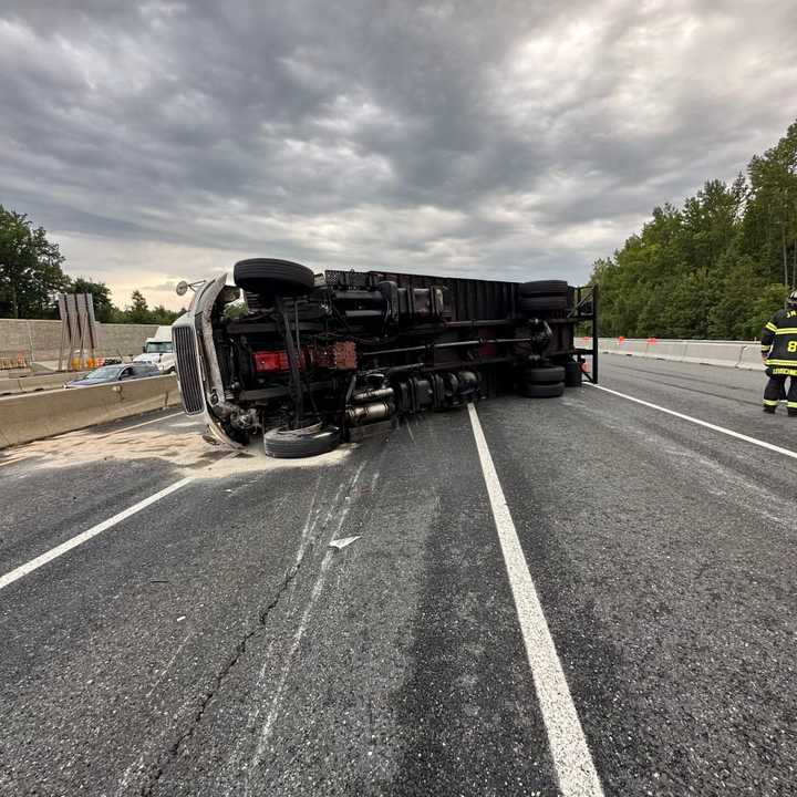 The scene of the crash involving an overturned tractor-trailer in Harford County.