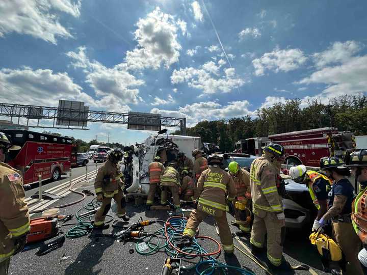 The scene of the three-vehicle crash.