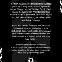 <p>The Nets will be postponing their next two games.</p>