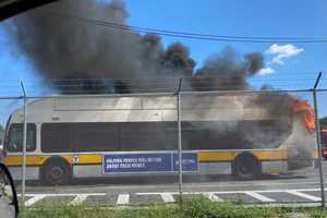 Out Of Service MBTA Bus Goes Up In Flames Right By Forest Hills