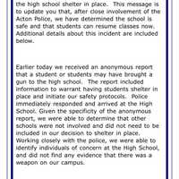 <p>A copy of an email that went out to families regarding the shelter in place at Acton-Boxborough Regional High School</p>