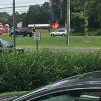 <p>The tanker fire burns on I-95 southbound in Norwalk.</p>