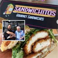 <p>Markin Delacruz is joined by North Bergen Mayor Nicholas Sacco for the opening of Sandwichitos.</p>