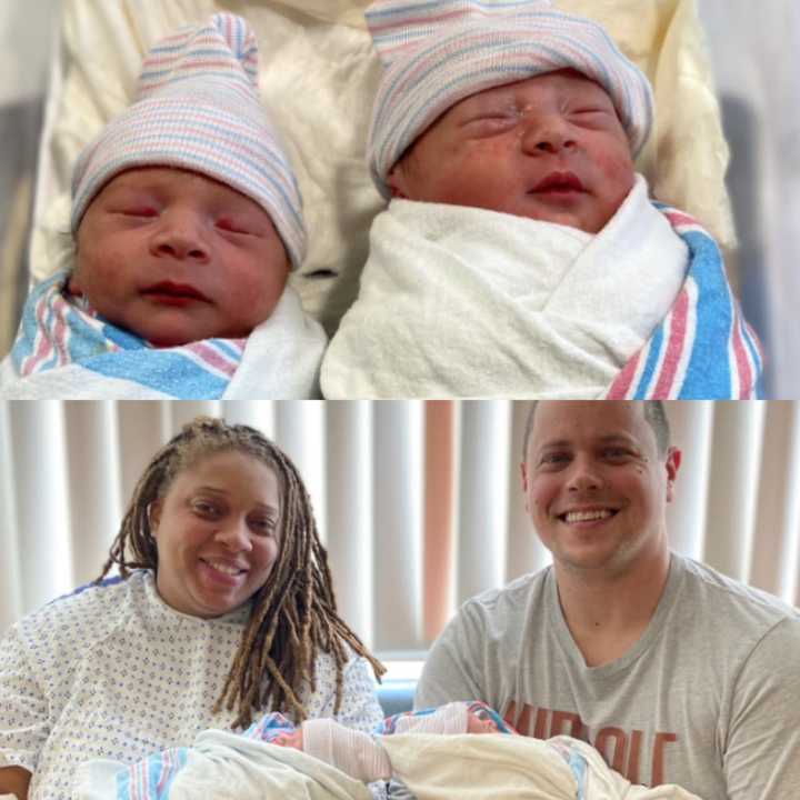 Twin brothers Ezekiel and Ezra were born in 2023 and 2024 at&nbsp;Virtua Voorhees Hospital in Camden. Here they are with mom and dad, Eve and Billy, who is also a New Year's baby.