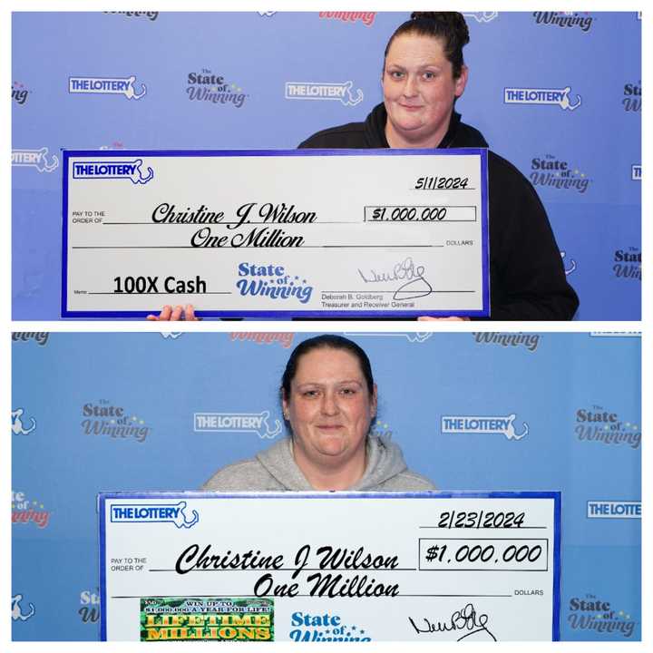 Christine Wilson poses with her two $1 million checks that she won playing the Massachusetts State Lottery in less than three months.&nbsp;