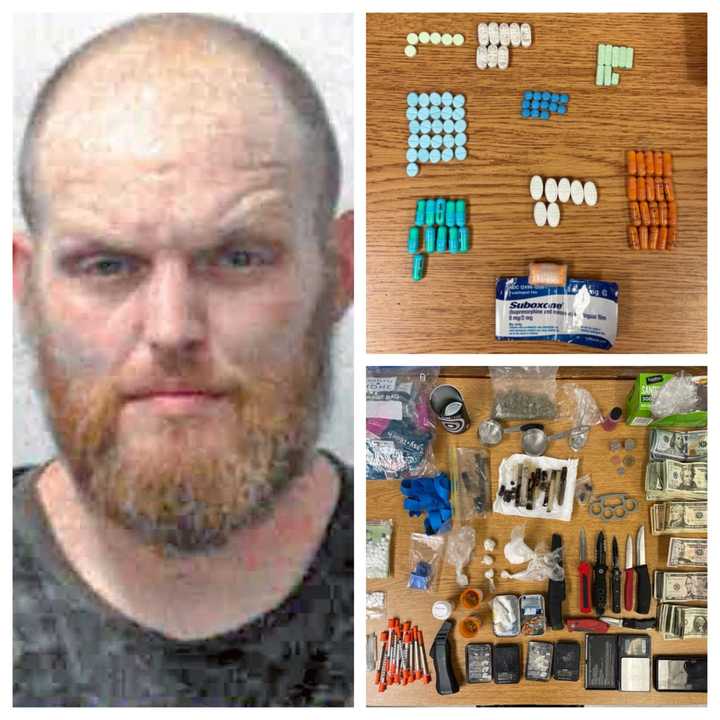 Jason Moody and the haul of money, drugs, paraphernalia, and money that Gloucester police found on him.