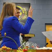 <p>Magdalena Giadamenico (left) sworn as new councilwoman in Elmwood Park.</p>