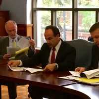 <p>Bridgeport Mayor Joe Ganim, center, and U.S. Sen. Chris Murphy, right, discuss traffic woes on Bridgeport&#x27;s four-mile stretch of Interstate 95 Thursday.</p>