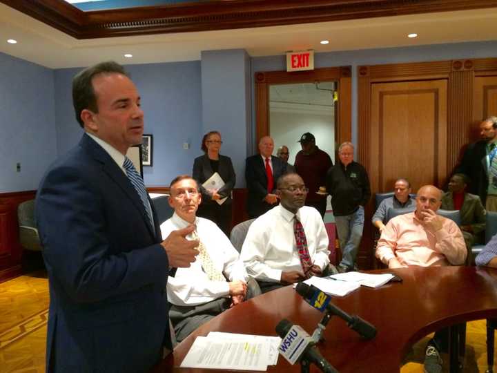 Bridgeport Mayor Joe Ganim brings together his department heads and the press Friday to discuss the state budget&#x27;s effect on the city.