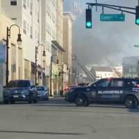 <p>A fire ripped through Bloomfield's downtown Tuesday morning.</p>