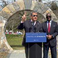 <p>Westchester County Executive George Latimer addresses residents during Monday's partial solar eclipse.</p>