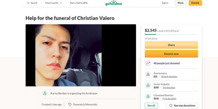 A GoFundMe created for Christian Valero&#x27;s funeral has raised $2,545 of its $12,000 goal as of Monday, Dec. 13.