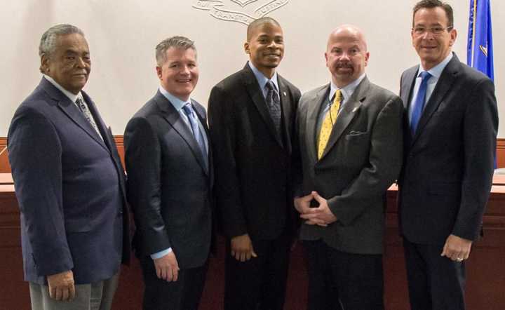 State Sen. Ed Gomes, Hubbell Electric Heater CEO William Newbauer III, Stratford Councilman David Hardin, State Rep. Joe Gresko and Gov. Dannel Malloy after approval of Hubbell&#x27;s $2 million funding package.