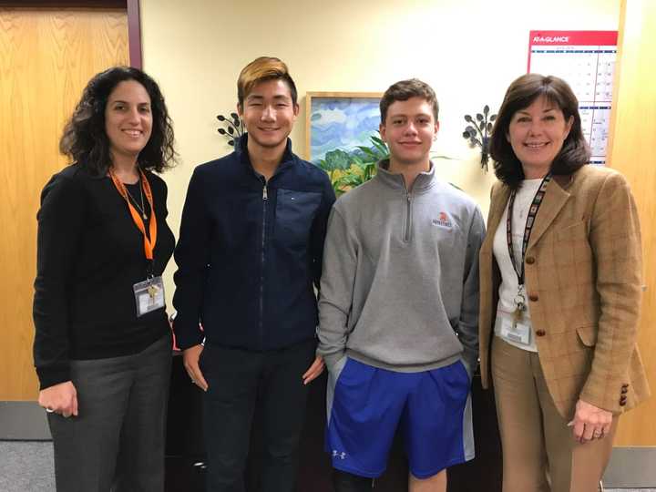 Briarcliff High School Counseling Coordinator Meredith Safer, HOBY 2017 Runner-Up Christopher Li, HOBY 2017 Winner Jackson Heitzler, and Briarcliff High School Principal Debra French