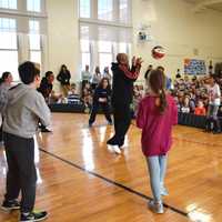 <p>F.E. Bellows Elementary School students interacted with Arnold “A-
Train” Bernard, an accomplished trickster and member of the Harlem Wizards.</p>