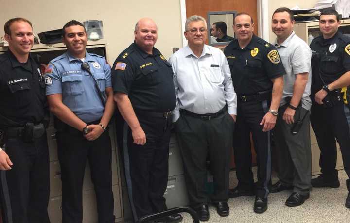 FROM LEFT: Left to right: PO Anthony Schmitt, SPO Hossam Elsamra, Chief Thomas Juliano, Mayor Vincent Bellucci, Deputy Chief Martin Kahn, Detective Captain Vincent Bellucci, and PO Geremia DeMartino