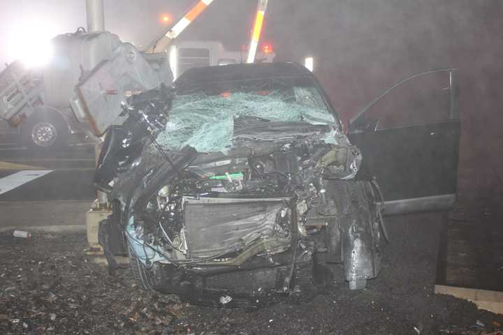 A look at the damage to the Honda CRV in the collision between the car and a train overnight.