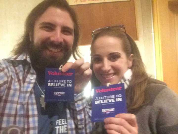 Connecticut Bernie Sanders supporters Nina Sherwood of Stamford and Chris Yerinides of Norwalk are among the many energized by Monday&#x27;s Iowa caucus.