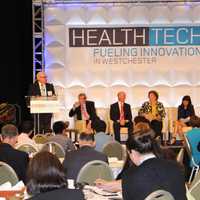 <p>Nassau-Suffolk Hospital Council CEO Kevin Dahill moderating a panel featuring Michael Dowling, Michael Fosina, Judy Murphy, Eliza Ng and Wendy Perchick.</p>