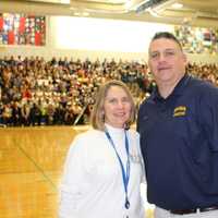 <p>Pelham Memorial High School Principal Jeannine Clark and Athletic Director Steve Luciana at the homecoming pep rally on Friday.</p>