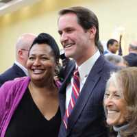 <p>Jim Himes poses for photos with his supporters after his victory speech at the Stamford Sheraton on election night.</p>