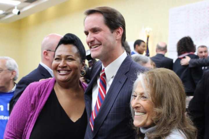 Jim Himes poses for photos with his supporters after his victory speech at the Stamford Sheraton on election night.