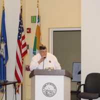 <p>William Vornkahl, president of the Westport Veterans Council, presides over Veterans Day services at Westport Town Hall.</p>