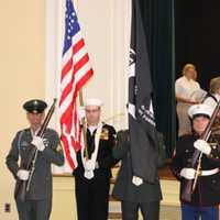 <p>Veterans of the four military branches form the color guard during the Veterans Day services at Westport Town Hall.</p>