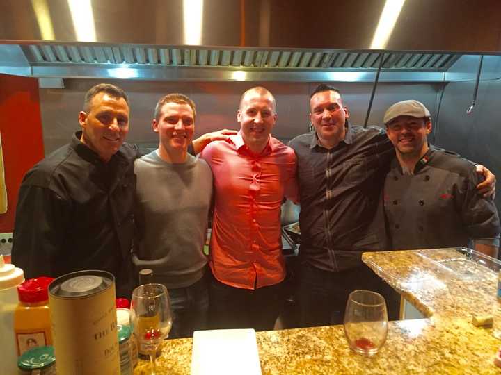 From left: Mayor of Westwood/Guest Chef John Birkner Jr., Officer Chris Horst, Officer Dean McCarroll, Officer Anthony Piccinich and Caffe Anello Executive Chef John Vitale.