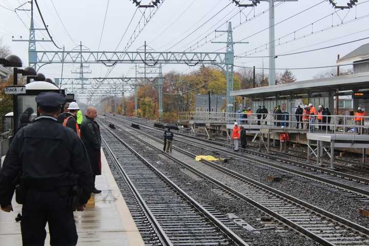 Emergency responders at the scene Wednesday at the Stratford train station after a man was hit and killed by an Amtrak train.