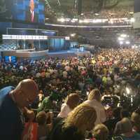 <p>Delegates stand on the floor of the Democratic National Convention in Philadelphia Wednesday as Vice President Joe Biden speaks.</p>