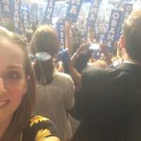 <p>Nina Sherwood stands on the floor of the Democratic National Convention in Philadelphia Wednesday.</p>