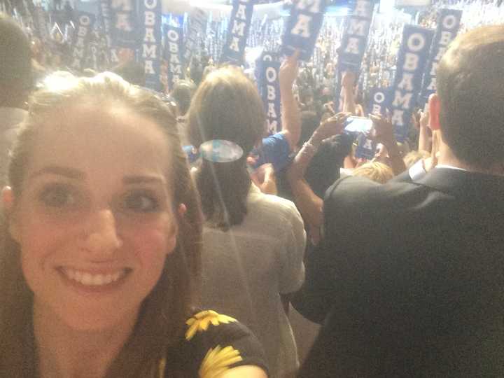 Nina Sherwood stands on the floor of the Democratic National Convention in Philadelphia Wednesday.