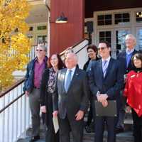 <p>James Marpe with Matthew Mandell, Chamber of Commerce; Shelly Goldman, YMCA: Eileen Flug,  RTM; Nancy Diamond, JIB Productions; Tony McDowell, Nature Discovery &amp; Environmental Learning Center; Barbara Durham, Library; and Michael Barker, Playhouse.</p>