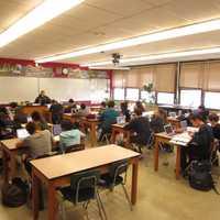<p>Students work on their laptops during a "virtual day" at Northern Valley Regional High School Demarest.</p>
