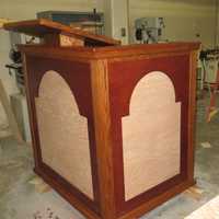 <p>The pulpit and lectern for Pope Francis&#x27; Mass at Madison Square Garden as it looked Tuesday at Lincoln Hall Boys&#x27; Haven in Somers. Student carpenters at Lincoln Hall built the pulpit and an altar.</p>