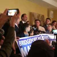 <p>Joe Ganim declares victory at his headquarters in Bridgeport</p>