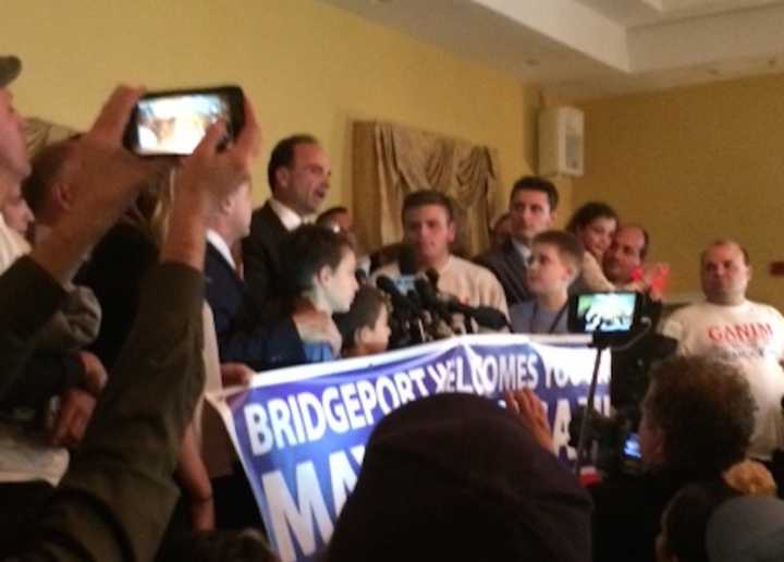 Joe Ganim declares victory at his headquarters in Bridgeport