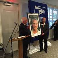 <p>Officials celebrate the Paul Newman stamp -- released earlier this year -- at an event Wednesday evening in Westport.</p>